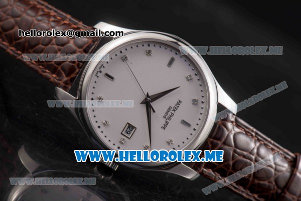 Patek Philippe Calatrava Miyota Quartz Steel Case with White Dial and Brown Leather Strap Diamonds Markers - Click Image to Close